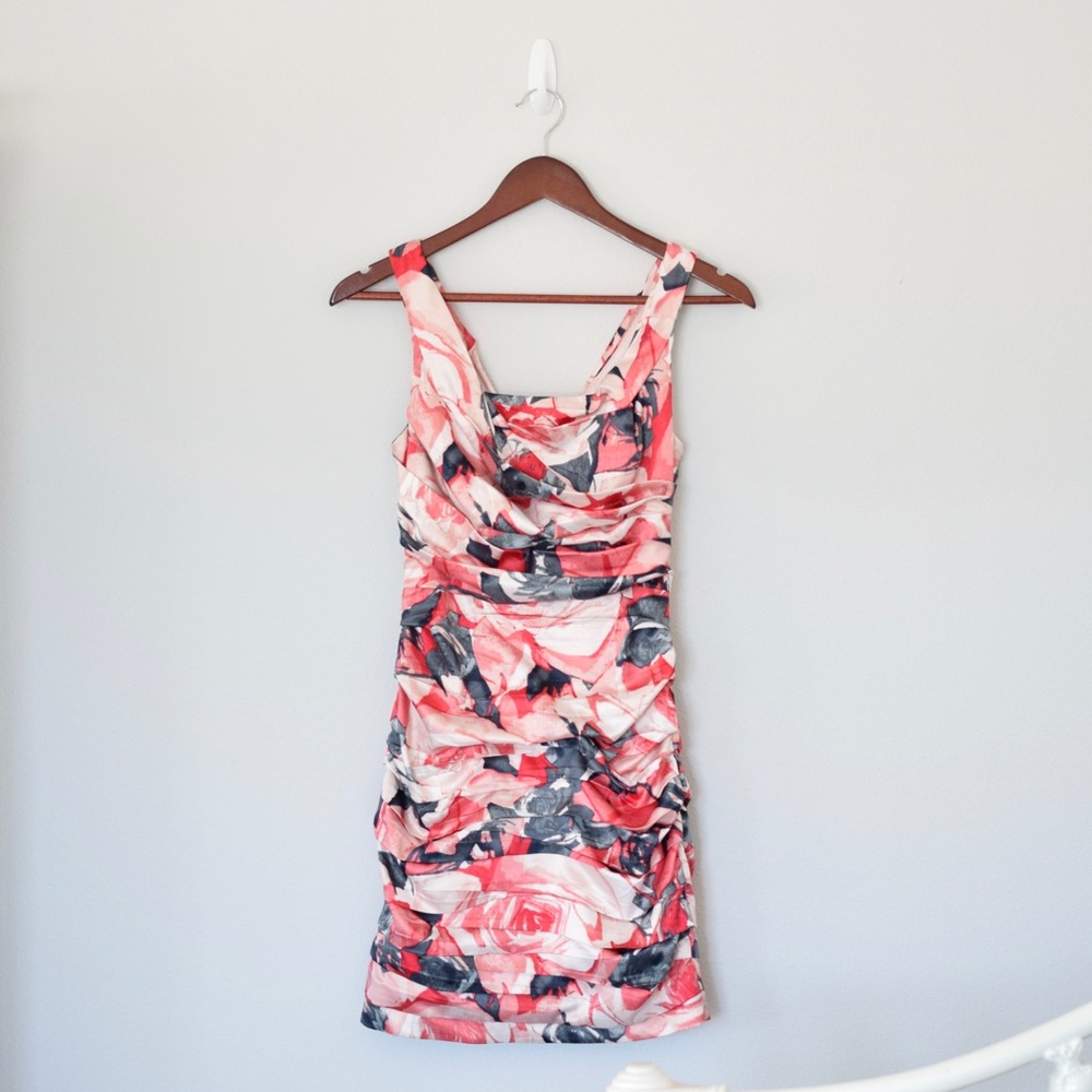 Express Satin Floral Ruched Bodycon Dress